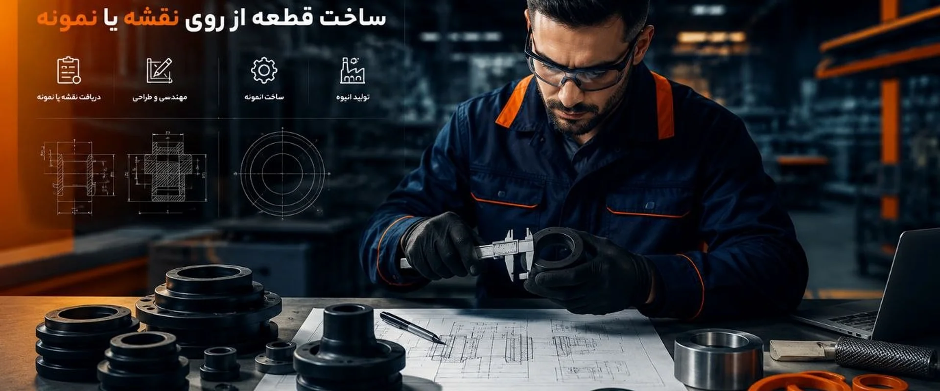 مهندس در حال طراحی نقشه فنی قطعه صنعتی